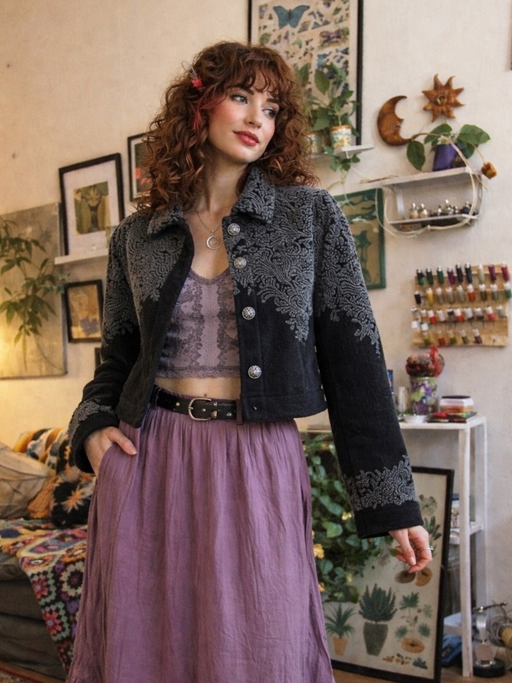 Shyanne Vintage Floral Tapestry Jacket Black Gray Whimsical Goth Fairycore